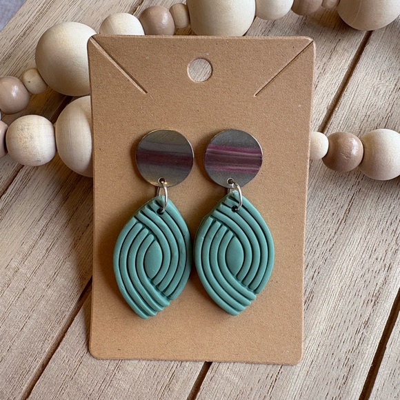 Handmade Teal Geometric Drop Earrings with Silver Studs Boho Minimalist Jewelry - Picture 1 of 8